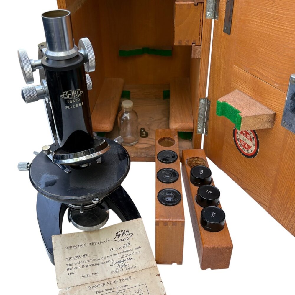 Vintage Seiko Tokyo Japan Microscope #12664 Wood Case Lenses & Accessories